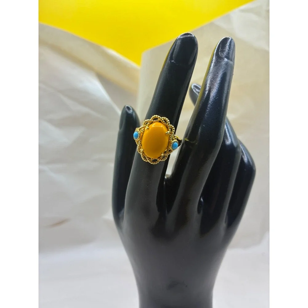 Vintage Gold Tone Mustard Yellow Cabochon Filigree Ring Turquoise Accents